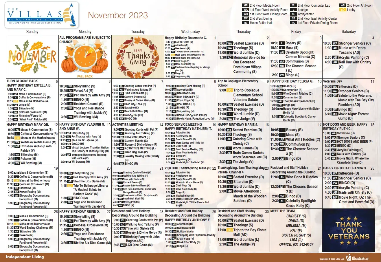 Independent living calendar for November 2023