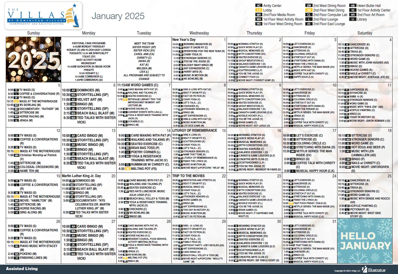 Assisted Living Calendar for January 2025