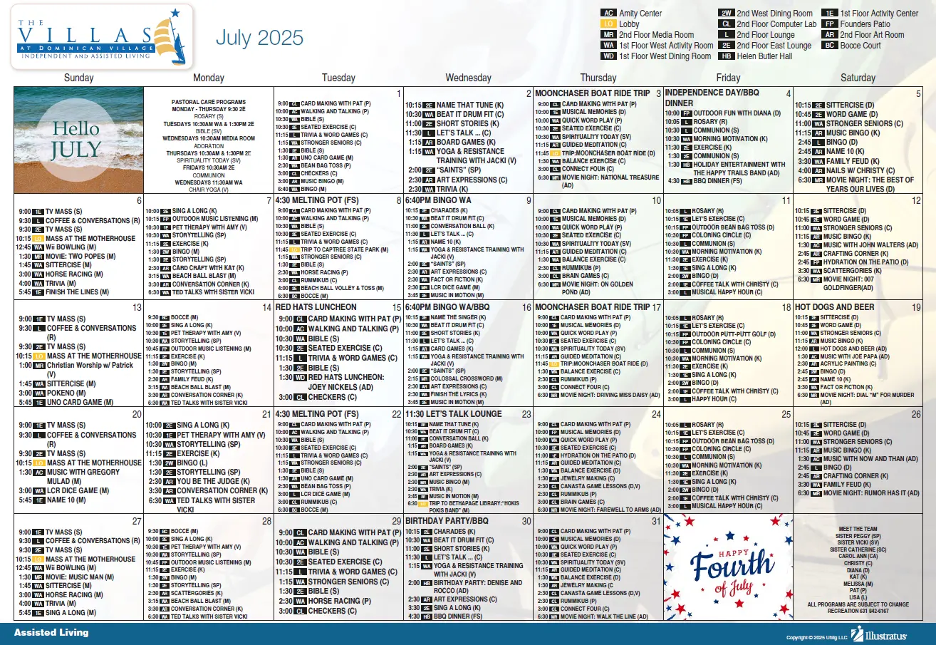 Assisted Living calendar July 2025