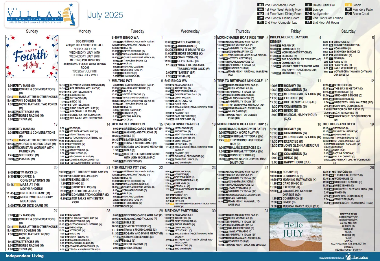 Independent Living Calendar for July 2025