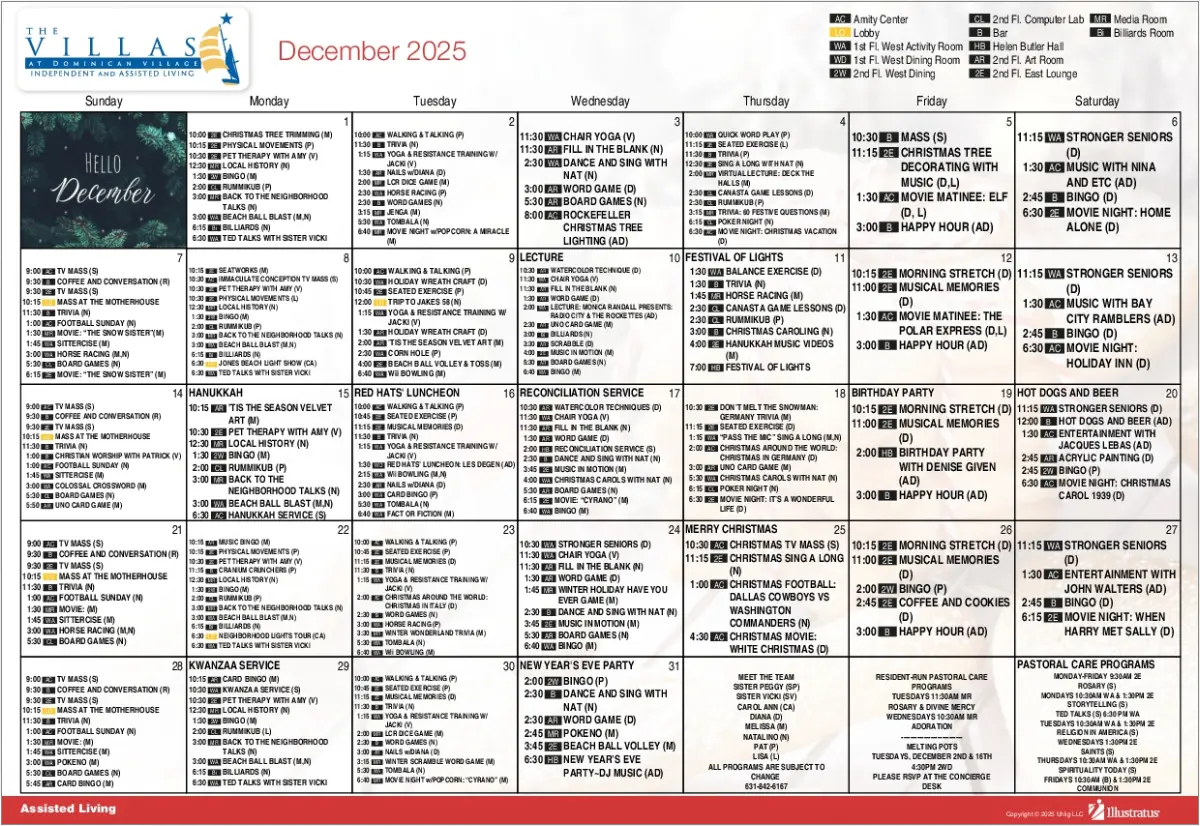 December 2025 calendar for assisted living