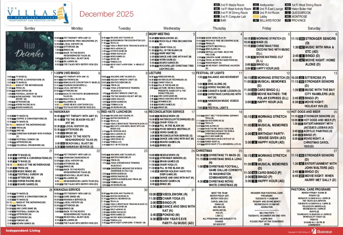 December 2025 calendar for independent living