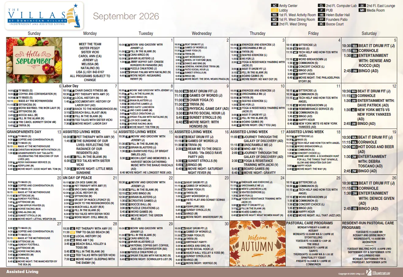 September 2026 assisted living calendar
