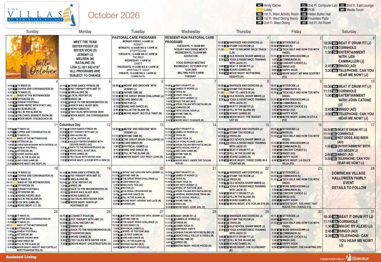 October assisted living calendar