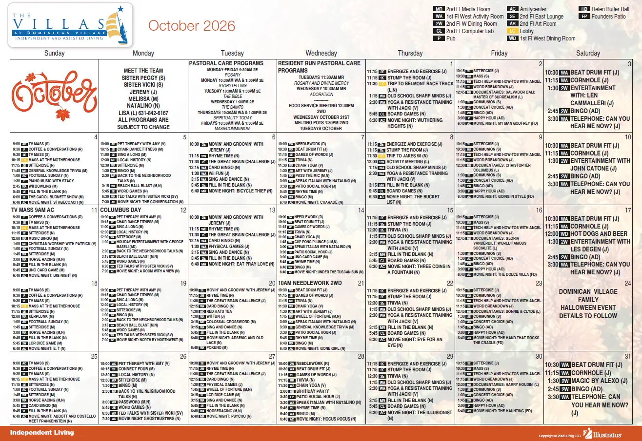 October Independent living calendar